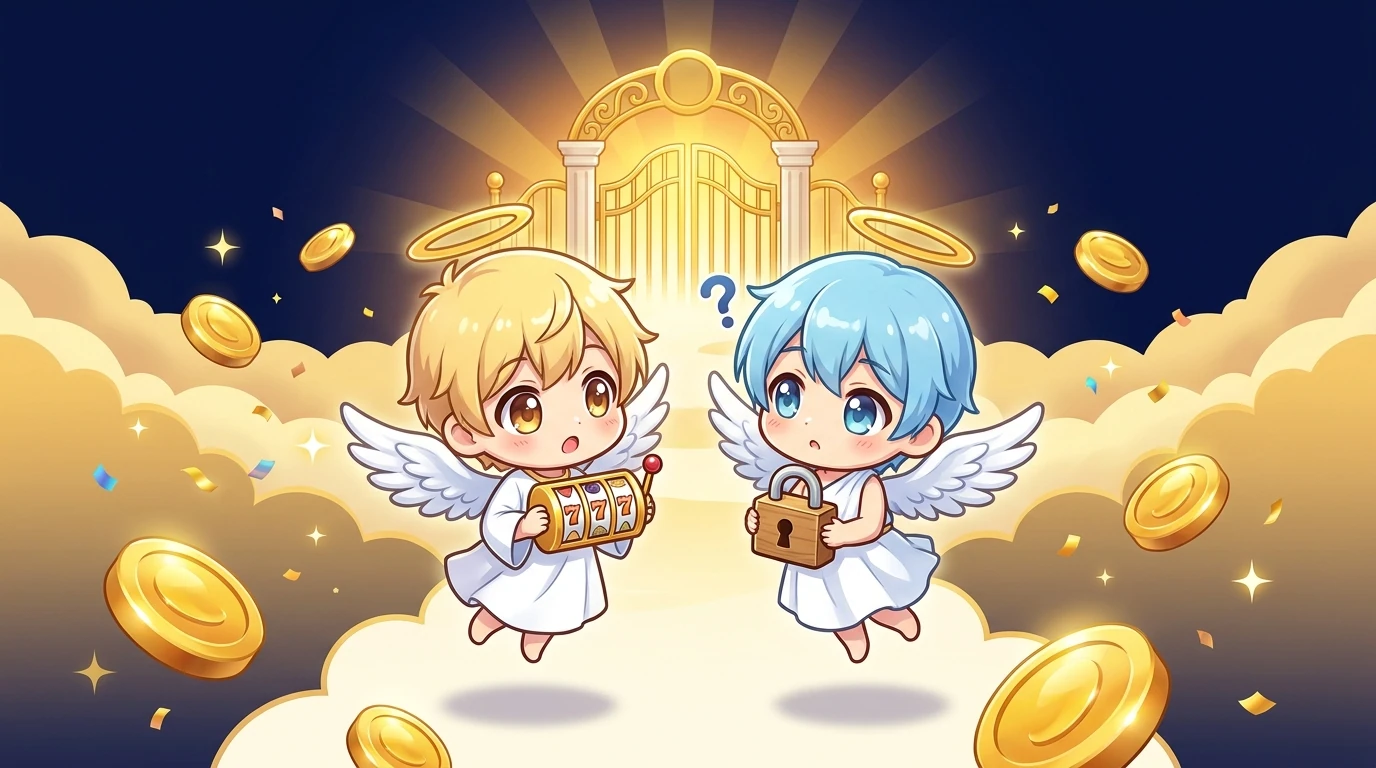 スロット天国（スロテン）のイメージ：黄金の門と天使のマスコット